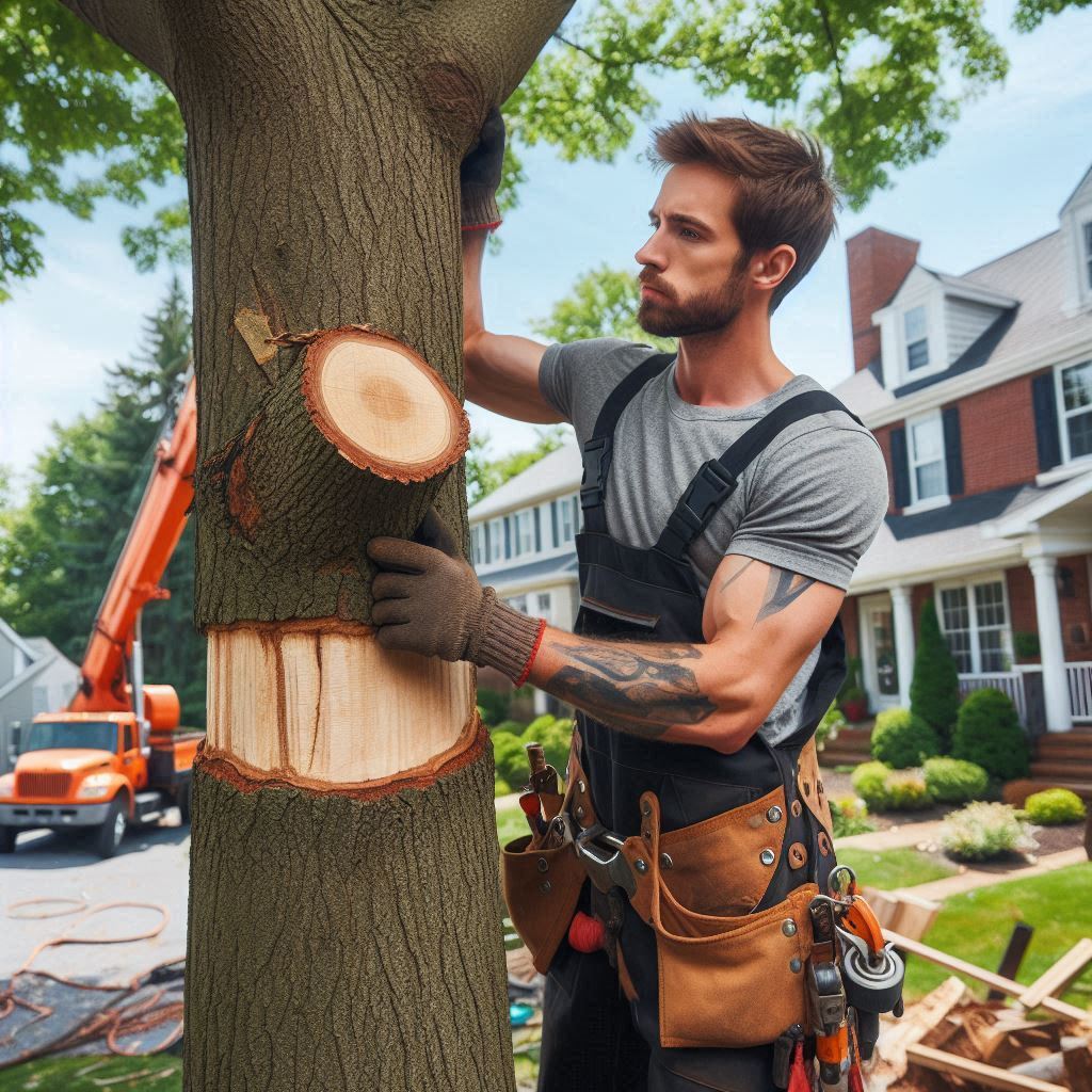 Tree removal expert performing maintenance on a typical New York home's trees