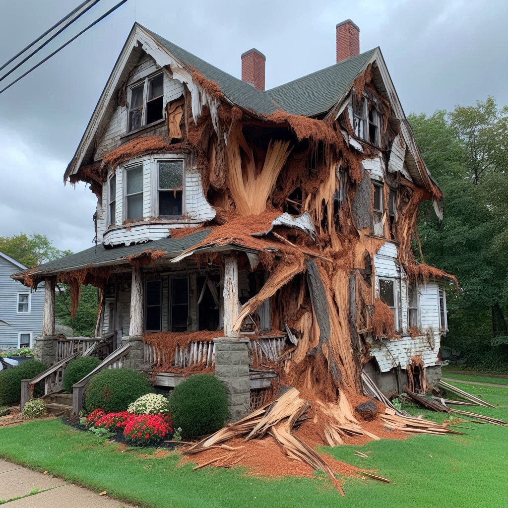 Damaged tree on an Brewster home showing signs of disease and decay